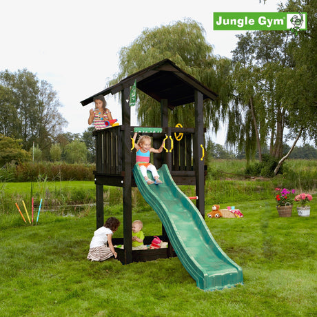 Leikkitornikokonaisuus Jungle Gym Casa 2.1, mustaksi petsattu, ja tummanvihreä liukumäki - KarelianStore
