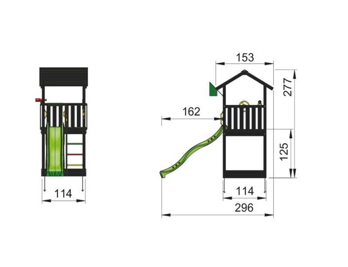 Leikkitornikokonaisuus Jungle Gym Casa 2.1, mustaksi petsattu, ja tummanvihreä liukumäki - KarelianStore