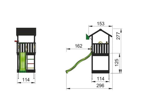 Leikkitornikokonaisuus Jungle Gym Casa 2.1, mustaksi petsattu, ja tummanvihreä liukumäki - KarelianStore