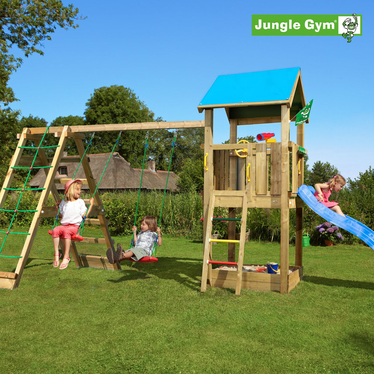 Leikkitornikokonaisuus Jungle Gym Castle 2.1 ja 2 - Climb Module 220 ja sininen liukumäki - KarelianStore