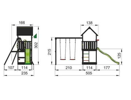 Leikkitornikokonaisuus Jungle Gym Club 2.1, musta pohjamaali, ja 2 - Swing Module 220 ilman liukumäkeä - KarelianStore