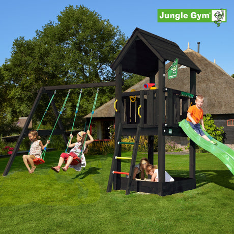 Leikkitornikokonaisuus Jungle Gym Club 2.1, mustaksi petsattu, ja 2 - Swing Module 220, ja vihreä liukumäki - KarelianStore