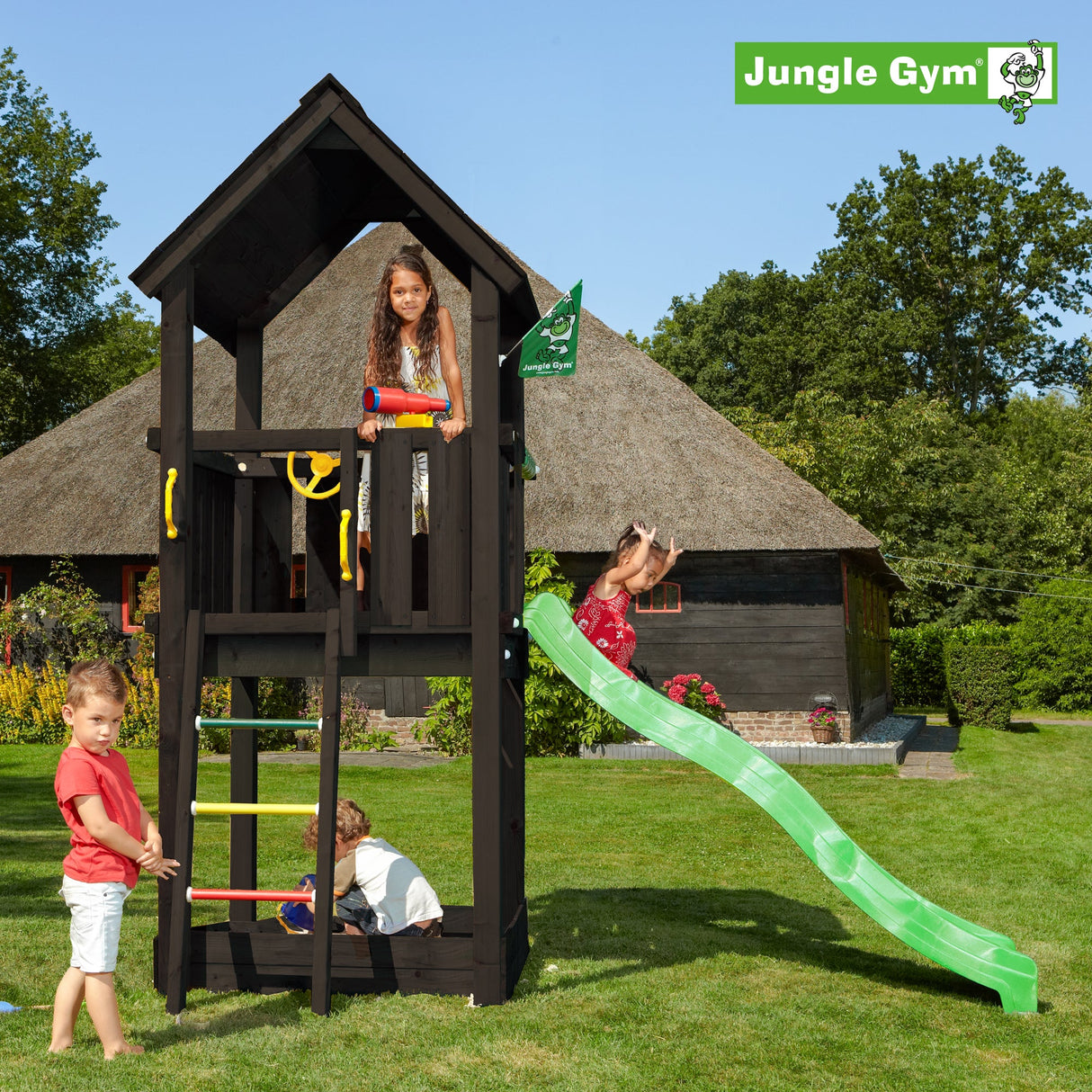 Leikkitornikokonaisuus Jungle Gym Club 2.1, mustaksi petsattu, vihreä liukumäen - KarelianStore