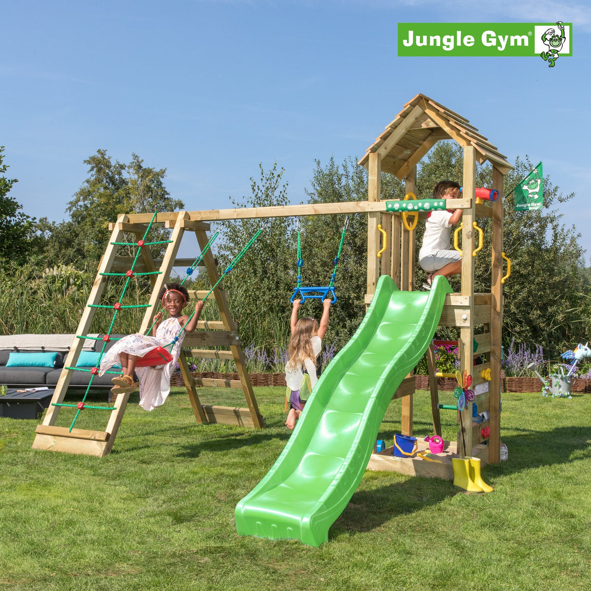 Leikkitornikokonaisuus Jungle Gym Cocoon 2 - Climb Module 200 ja tummanvihreä liukumäki - KarelianStore