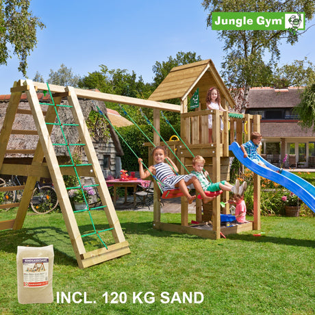 Leikkitornikokonaisuus Jungle Gym Cubby ja 2 - Climb Module 220, sininen liukumäki ja 120 kg hiekkaa - KarelianStore