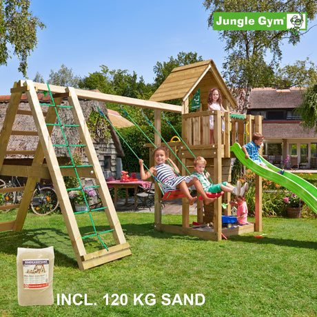 Leikkitornikokonaisuus Jungle Gym Cubby ja 2 - Climb Module 220, vihreä liukumäki ja 120 kg hiekkaa - KarelianStore