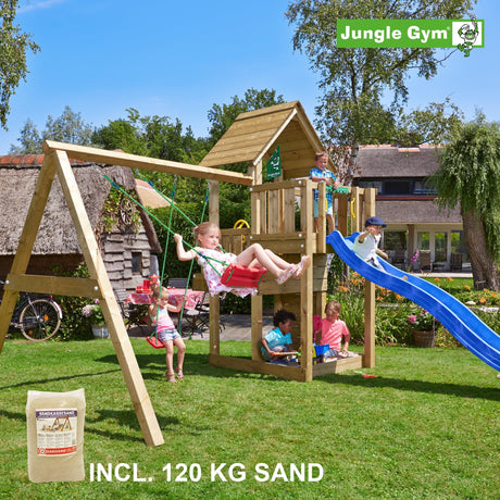 Leikkitornikokonaisuus Jungle Gym Cubby ja 2 - Swing Module 220, sininen liukumäki ja 120 kg hiekkaa - KarelianStore