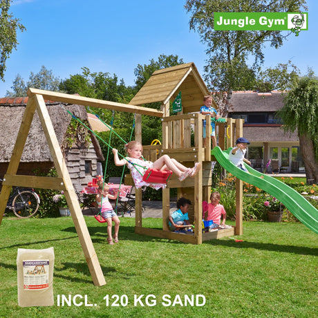 Leikkitornikokonaisuus Jungle Gym Cubby ja 2 - Swing Module 220, vihreä liukumäki ja 120 kg hiekkaa - KarelianStore