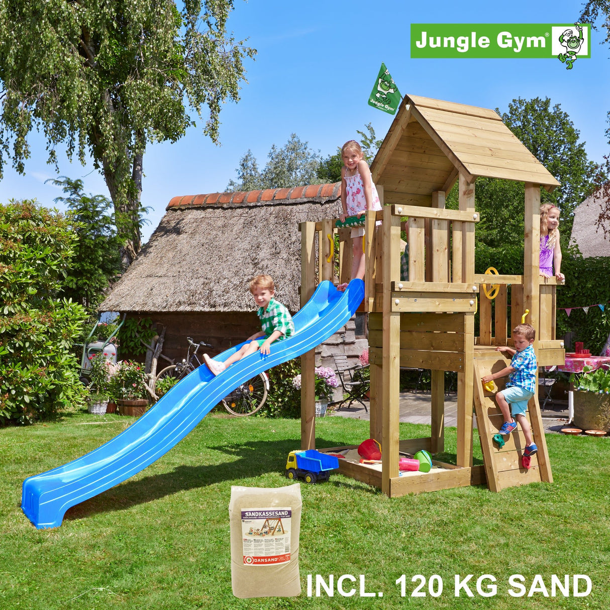 Leikkitornikokonaisuus Jungle Gym Cubby sininen liukumäki ja 120 kg hiekkaa - KarelianStore