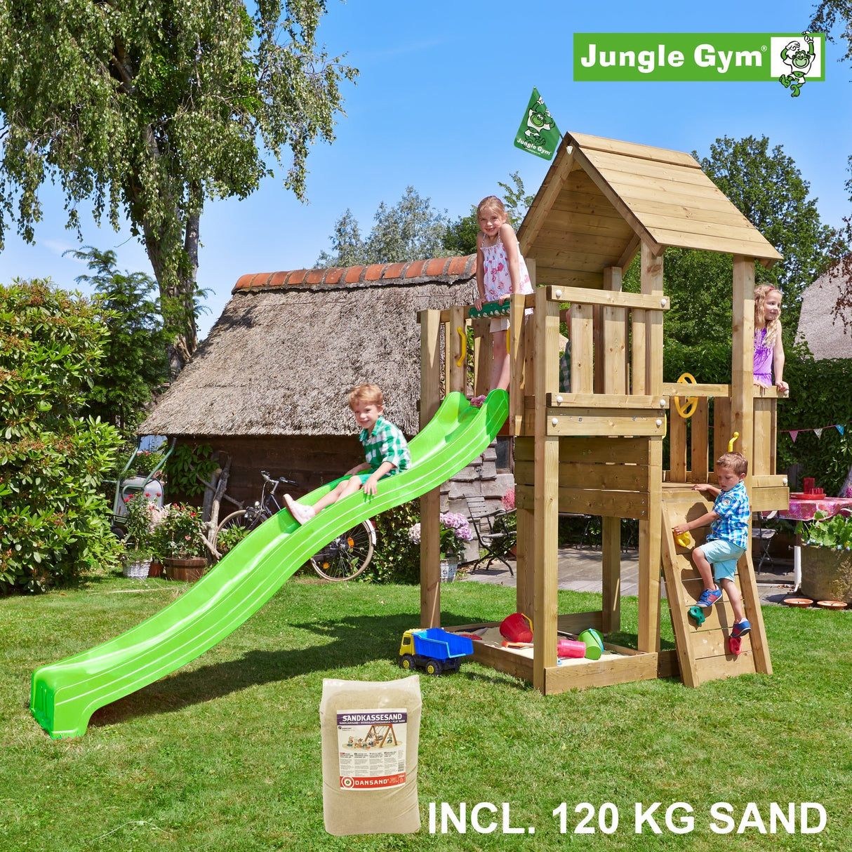 Leikkitornikokonaisuus Jungle Gym Cubby vihreä liukumäki ja 120 kg hiekkaa - KarelianStore