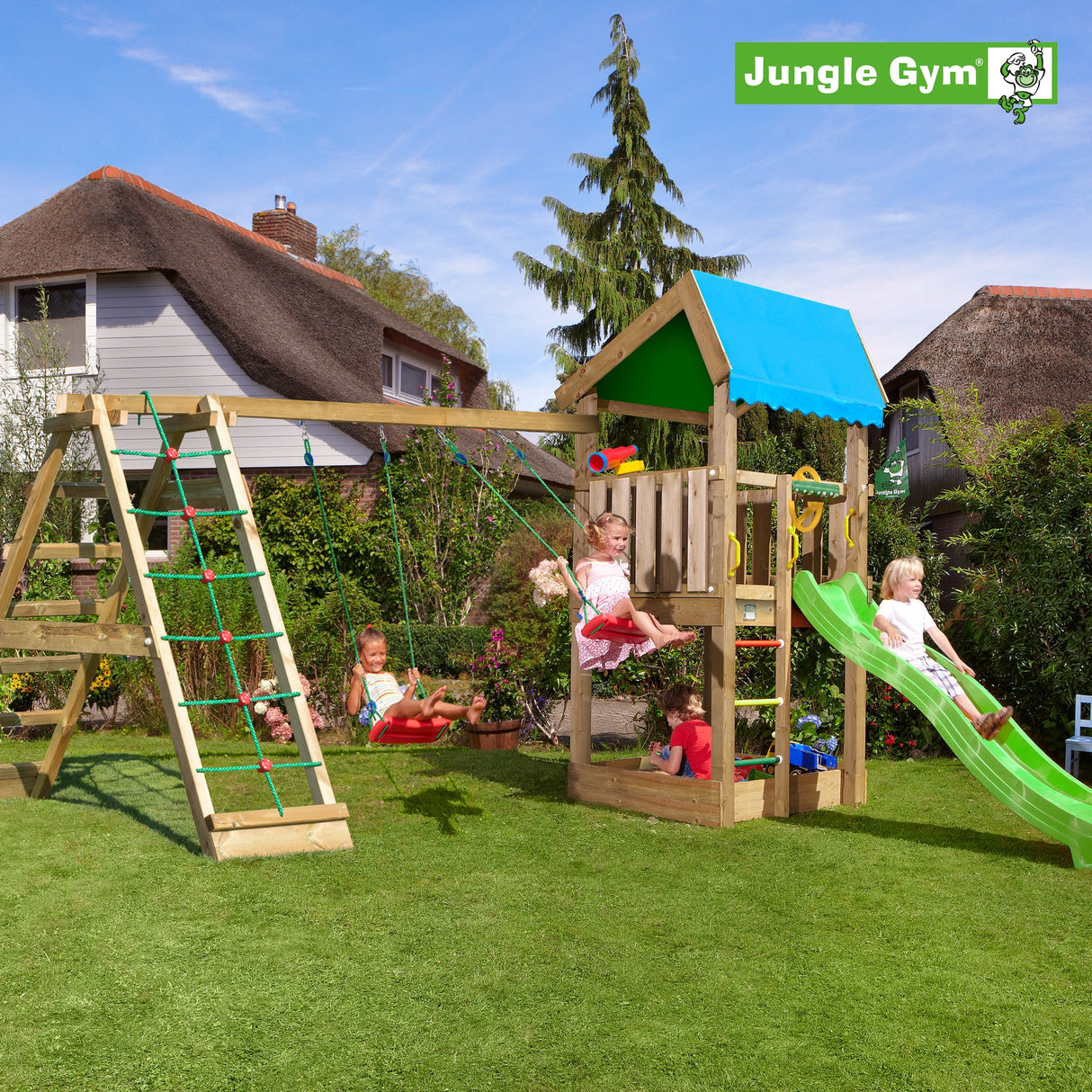 Leikkitornikokonaisuus Jungle Gym Home 2.1 ja 2 - Climb Module 220 ja vihreä liukumäki - KarelianStore