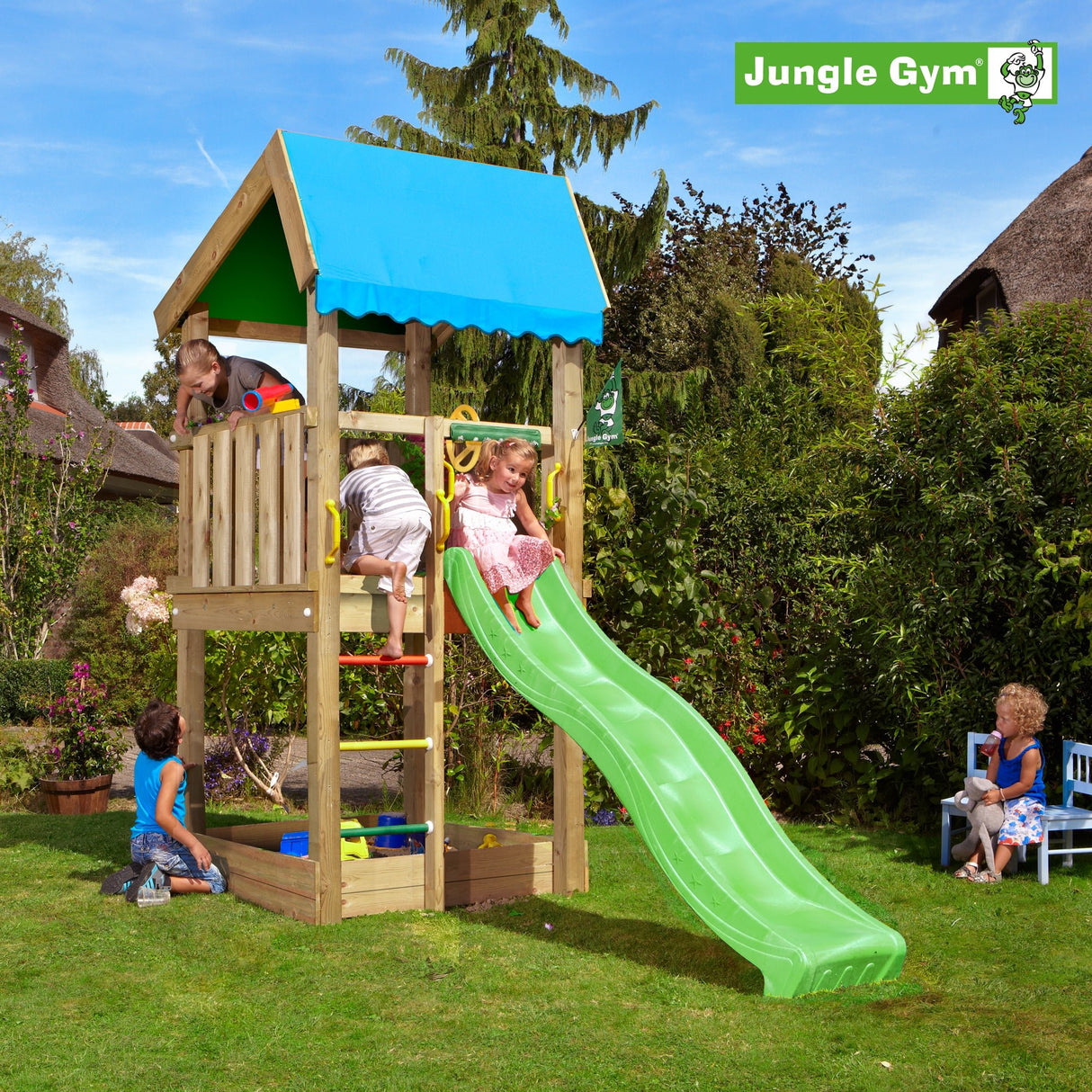 Leikkitornikokonaisuus Jungle Gym Home 2.1 ja vihreä liukumäki - KarelianStore