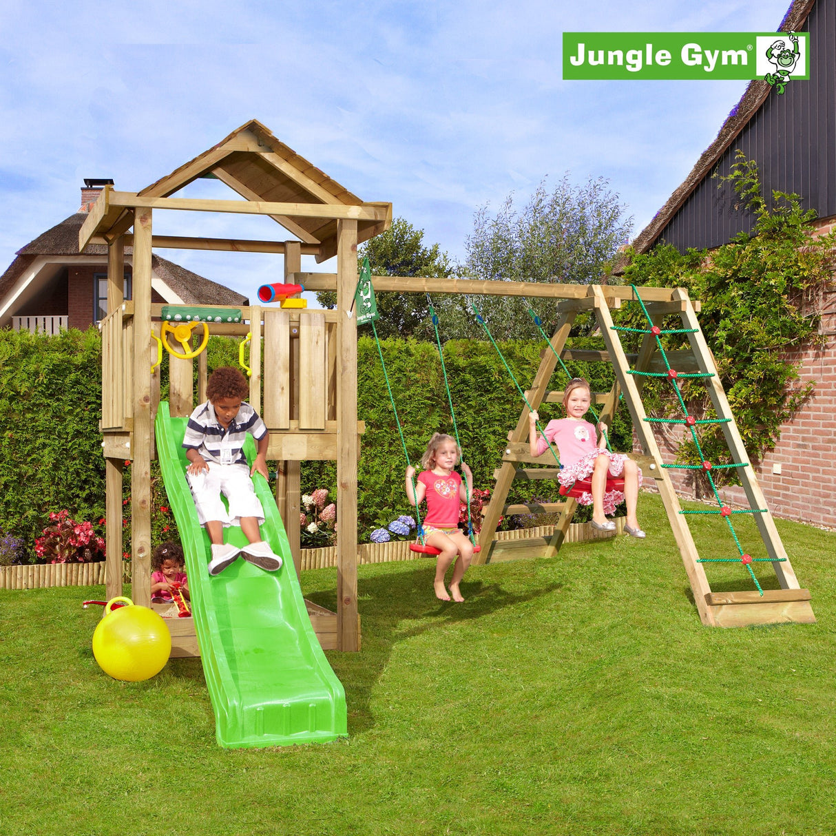 Leikkitornikokonaisuus Jungle Gym House 2.1 ja 2 - Climb Module 220 ja vihreä liukumäki - KarelianStore