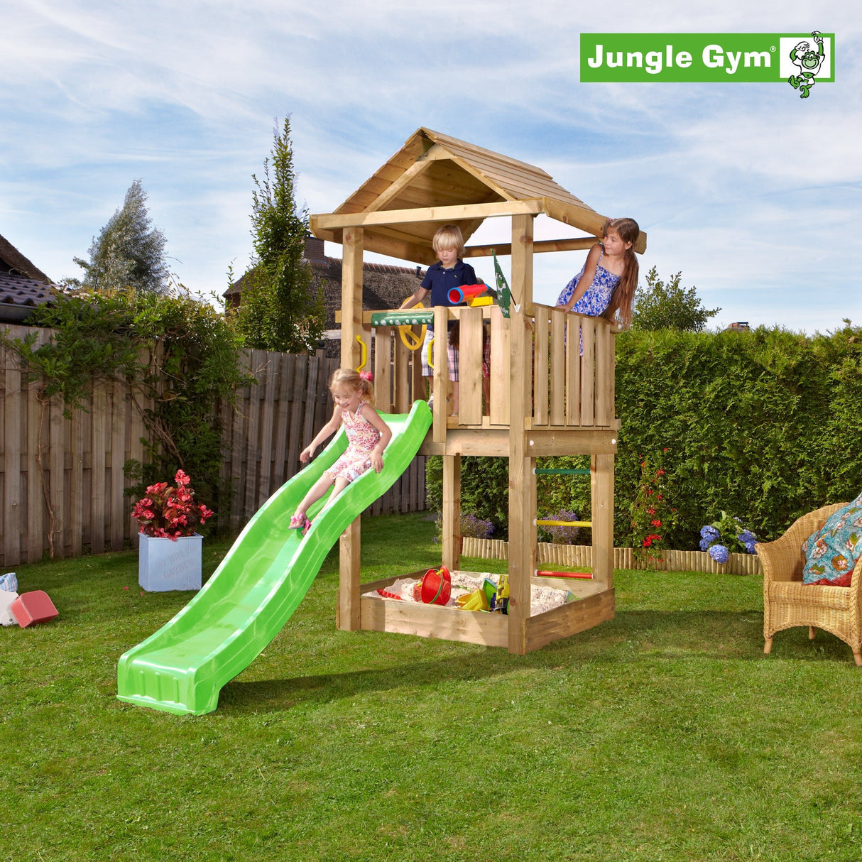 Leikkitornikokonaisuus Jungle Gym House 2.1 ja vihreä liukumäki - KarelianStore