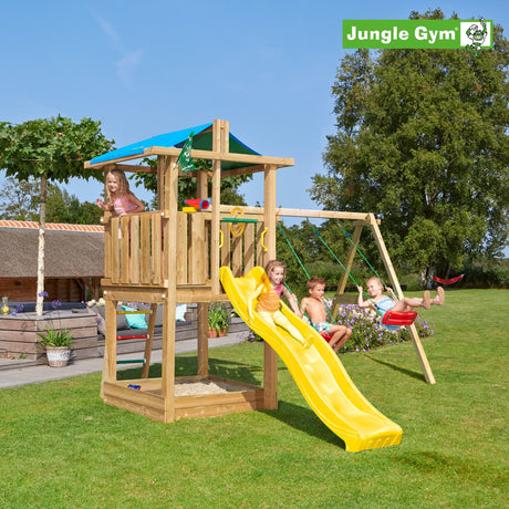 Leikkitornikokonaisuus Jungle Gym Hut 2.1 ja 2 - Swing Module 220 ja keltainen liukumäki - KarelianStore