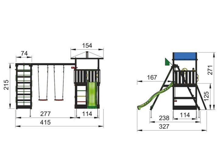 Leikkitornikokonaisuus Jungle Gym Hut 2.1, mustaksi petsattu, ja 2 - Swing Module 220 ilman liukumäkeä - KarelianStore