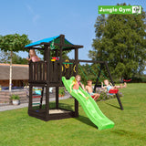 Leikkitornikokonaisuus Jungle Gym Hut 2.1, mustaksi petsattu, ja 2 - Swing Module 220, ja vihreä liukumäki - KarelianStore