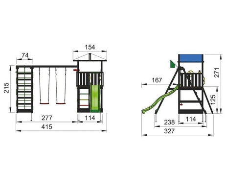 Leikkitornikokonaisuus Jungle Gym Hut 2.1, mustaksi petsattu, ja 2 - Swing Module 220, ja vihreä liukumäki - KarelianStore