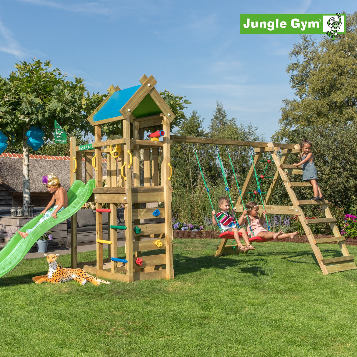 Leikkitornikokonaisuus Jungle Gym Nomad 2 - Climb Module 200 ja tummanvihreä liukumäki - KarelianStore