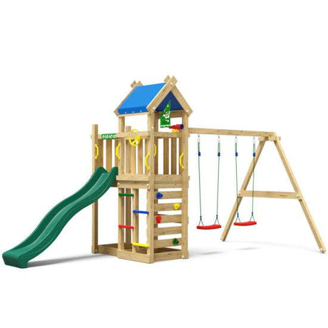 Leikkitornikokonaisuus Jungle Gym Nomad 2 - Swing Module 200 ja tummanvihreä liukumäki - KarelianStore