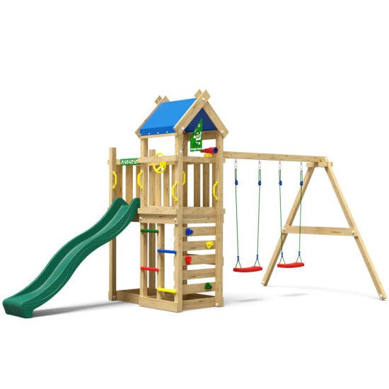 Leikkitornikokonaisuus Jungle Gym Nomad 2 - Swing Module 200 ja tummanvihreä liukumäki - KarelianStore