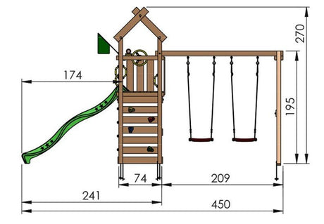 Leikkitornikokonaisuus Jungle Gym Nomad 2 - Swing Module 200 ja tummanvihreä liukumäki - KarelianStore