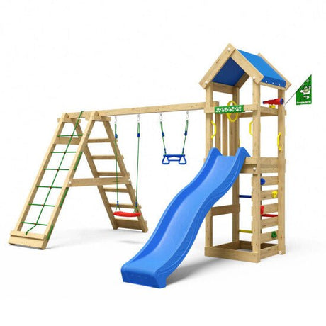 Leikkitornikokonaisuus Jungle Gym Patio 2 - Climb Module 200 ja sininen liukumäki - KarelianStore