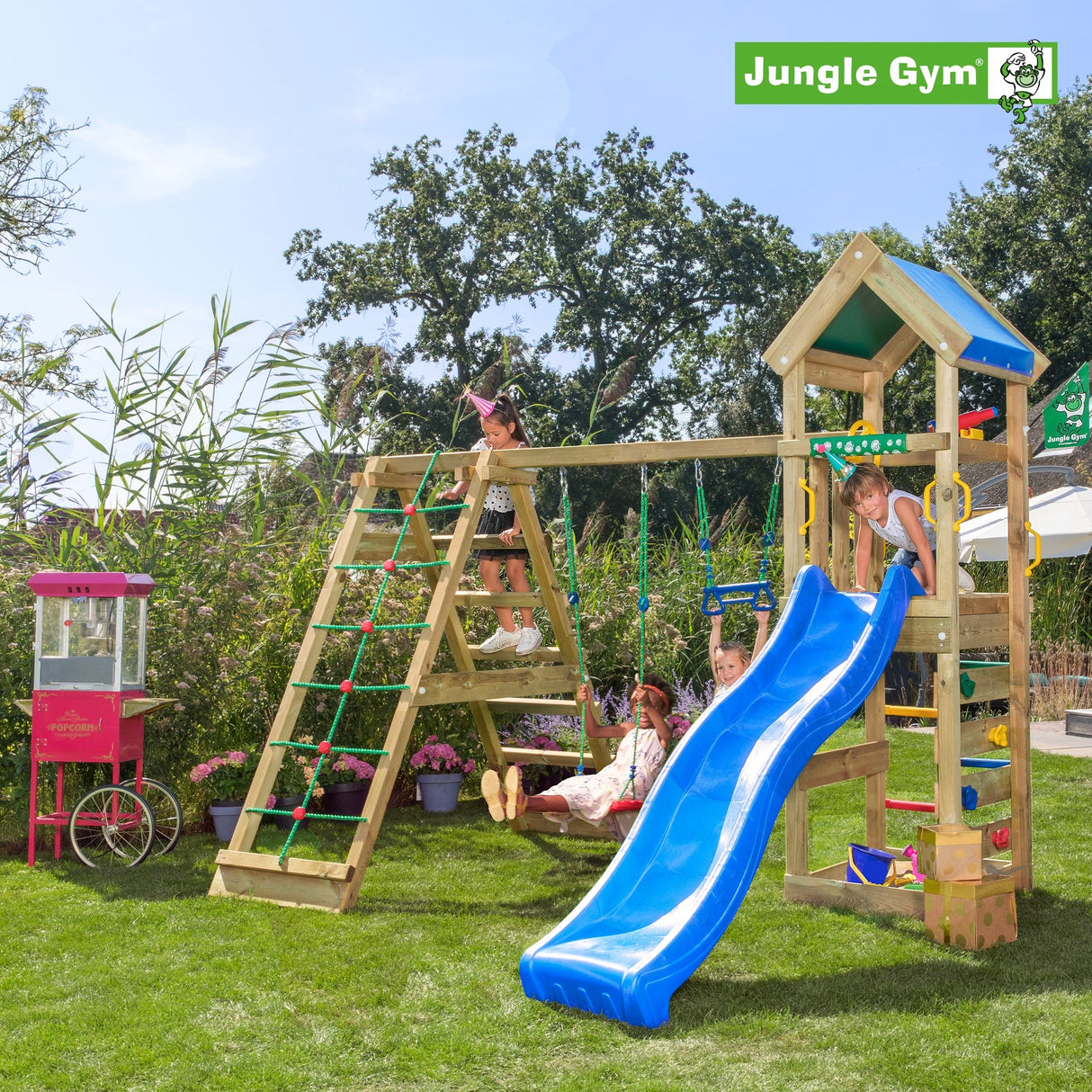 Leikkitornikokonaisuus Jungle Gym Patio 2 - Climb Module 200 ja sininen liukumäki - KarelianStore