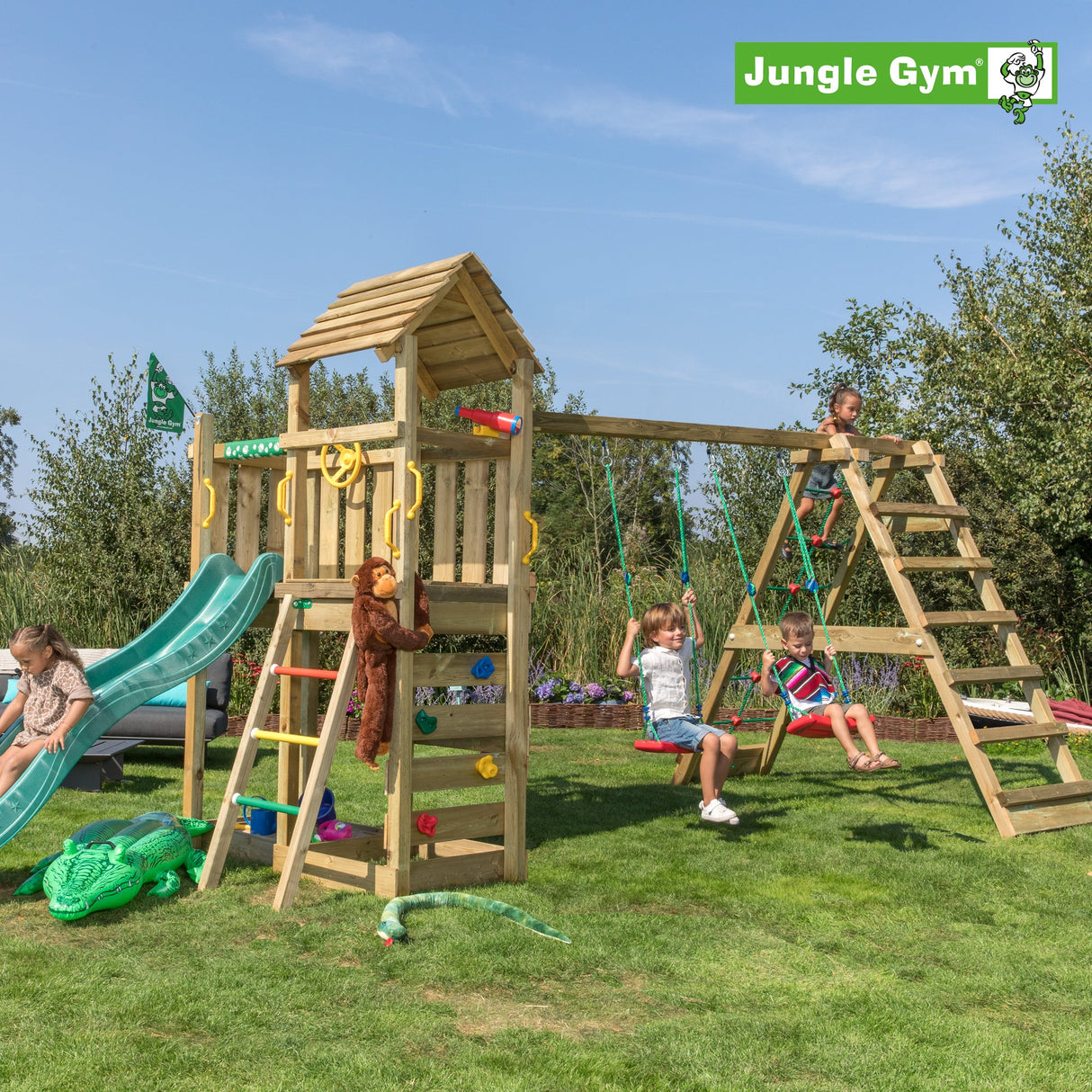 Leikkitornikokonaisuus Jungle Gym Safari 2 - Climb Module 200 ja tummanvihreä liukumäki - KarelianStore