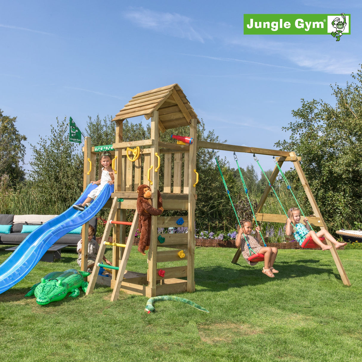 Leikkitornikokonaisuus Jungle Gym Safari 2 - Swing Module 200 ja sininen liukumäki - KarelianStore
