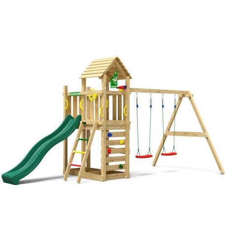 Leikkitornikokonaisuus Jungle Gym Safari 2 - Swing Module 200 ja tummanvihreä liukumäki - KarelianStore