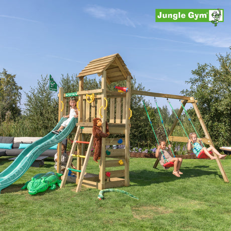 Leikkitornikokonaisuus Jungle Gym Safari 2 - Swing Module 200 ja tummanvihreä liukumäki - KarelianStore