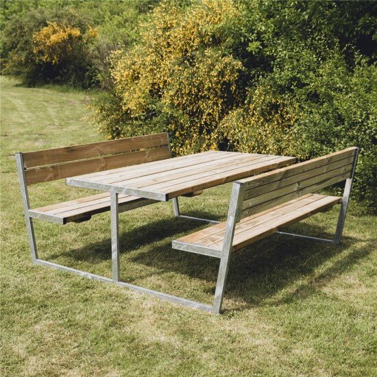 Picnic - pöytäsetti "BALDER", painekyllästetty puu ja galvanoitu runko selkänojalla, 180 x 201 cm HORTUS - KarelianStore