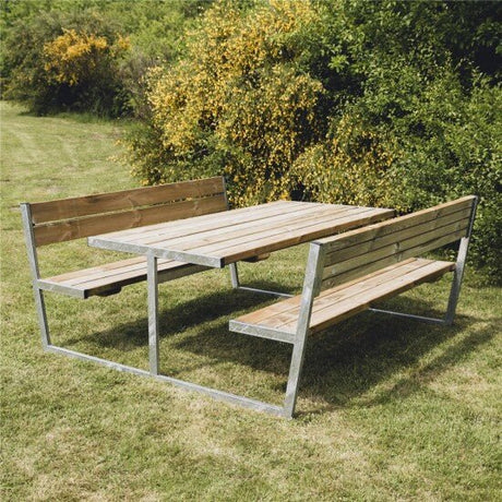 Picnic - pöytäsetti "BALDER", painekyllästetty puu ja galvanoitu runko selkänojalla, 180 x 201 cm HORTUS - KarelianStore