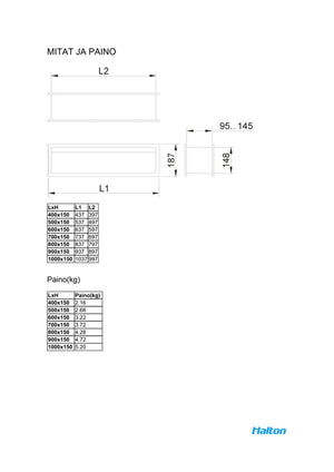 Siirtoilmalaite Halton TVB 500x150 Valkoinen - KarelianStore