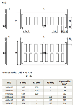 Vapaavirtaussäleikkö Fläktgroup HSO 400x100 - KarelianStore