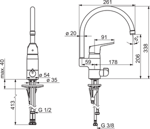 Keittiöhana Oras 1839FG Vega Pesukoneventtiilillä ja korkealla kääntyvällä juoksuputkella - KarelianStore