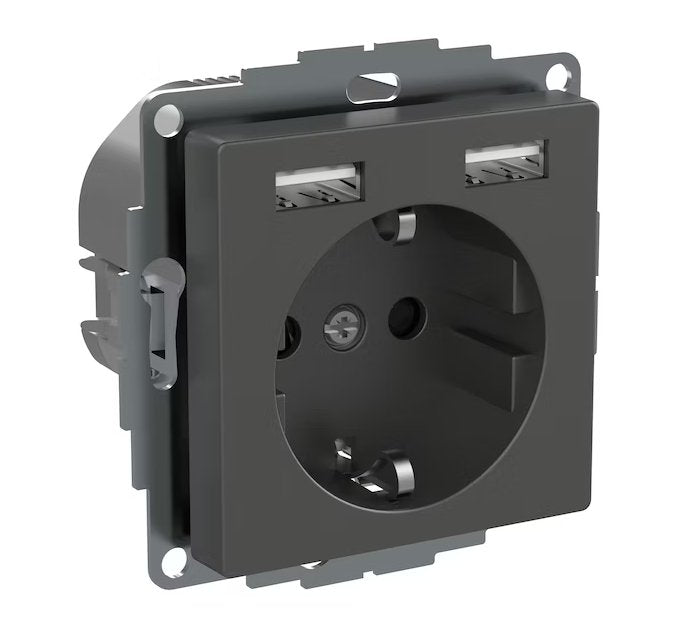 Pistorasia Schneider Electric Exxact 1-osainen + 2xUSB 2.4A Antrasiitti - KarelianStore