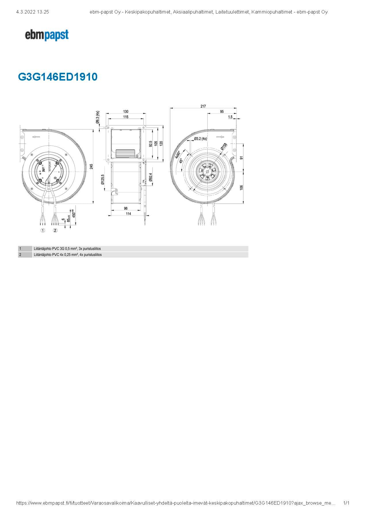 Puhallin Ebmpapst EC G3G146ED1910 230V 118W OIKEA - KarelianStore