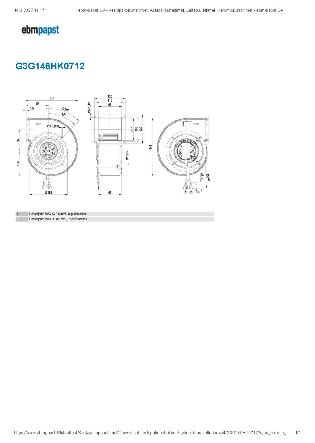 Puhallin Ebmpapst EC G3G146HK0712 230V 163W VASEN - KarelianStore