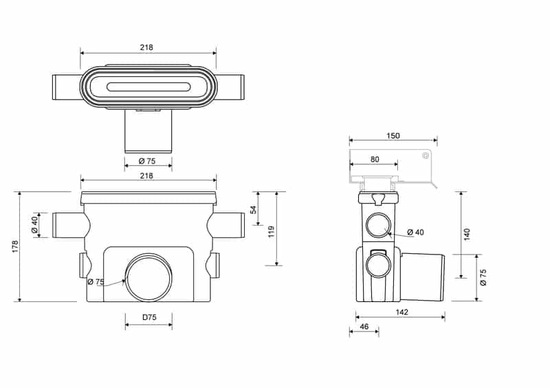 Vaakakaivo Linja Unidrain 1423 75mm 2x40mm Sivuliitäntä - KarelianStore