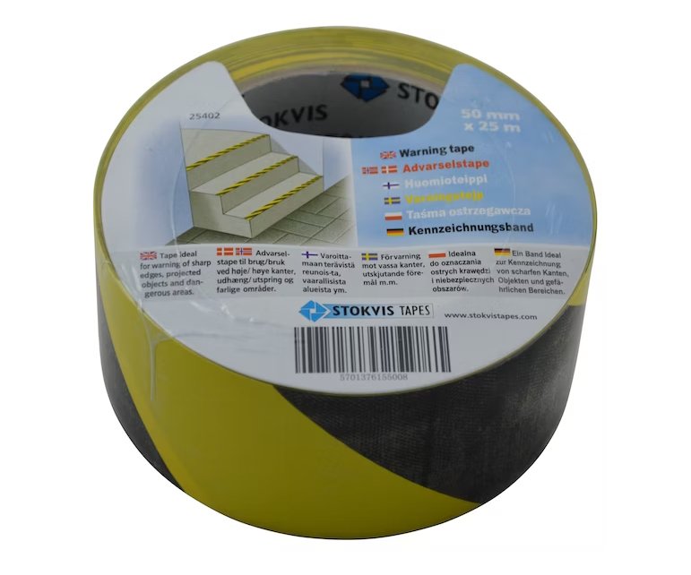 Varoitusteippi Stokvis 50mm 25m Keltamusta - KarelianStore